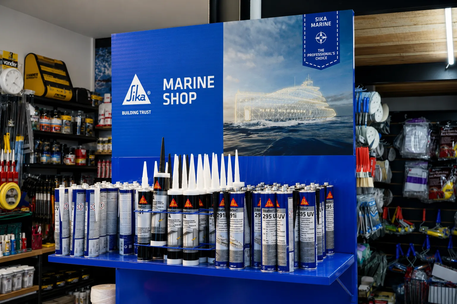 Expositor Sika Marine Shop com selantes e produtos náuticos